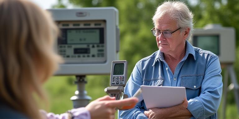Person examining a weather measurement device